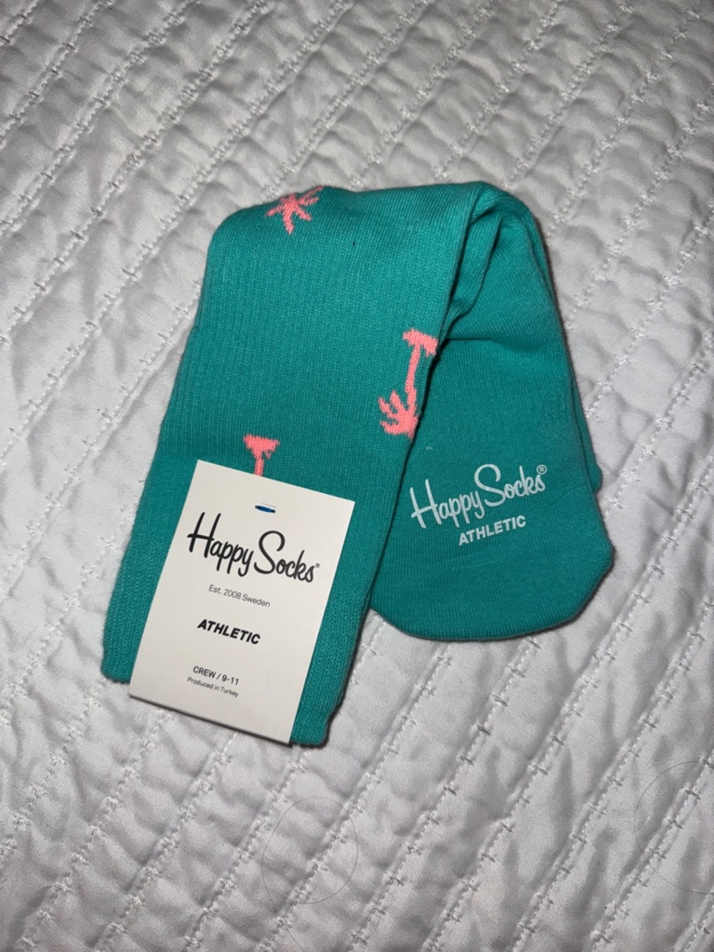 Happy Socks Athletic Crew Socks in Teal with Pink Palm Motifs